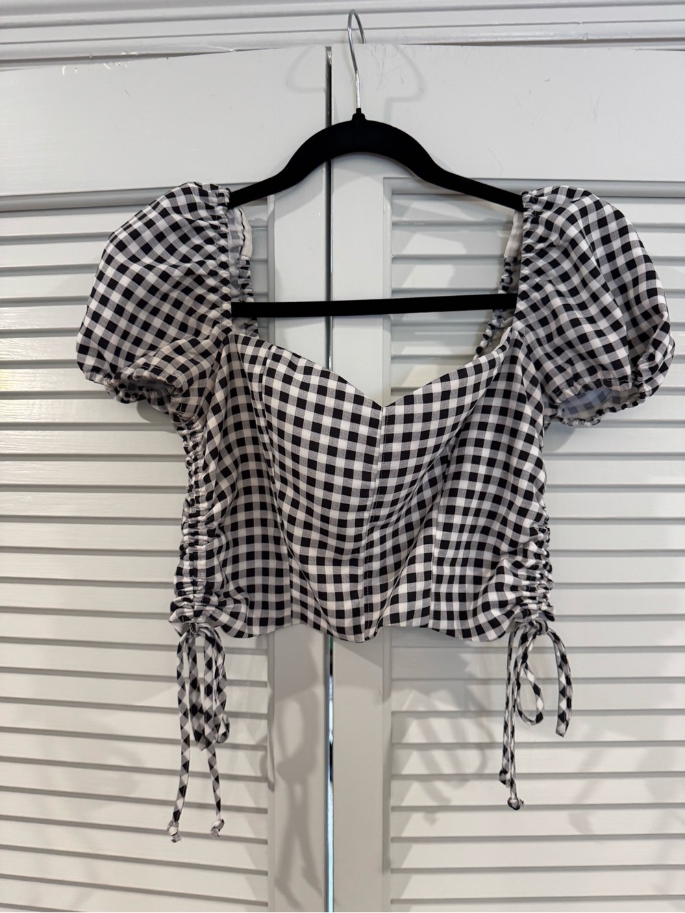 Likely Black & White Gingham Puff-Sleeve Crop Top